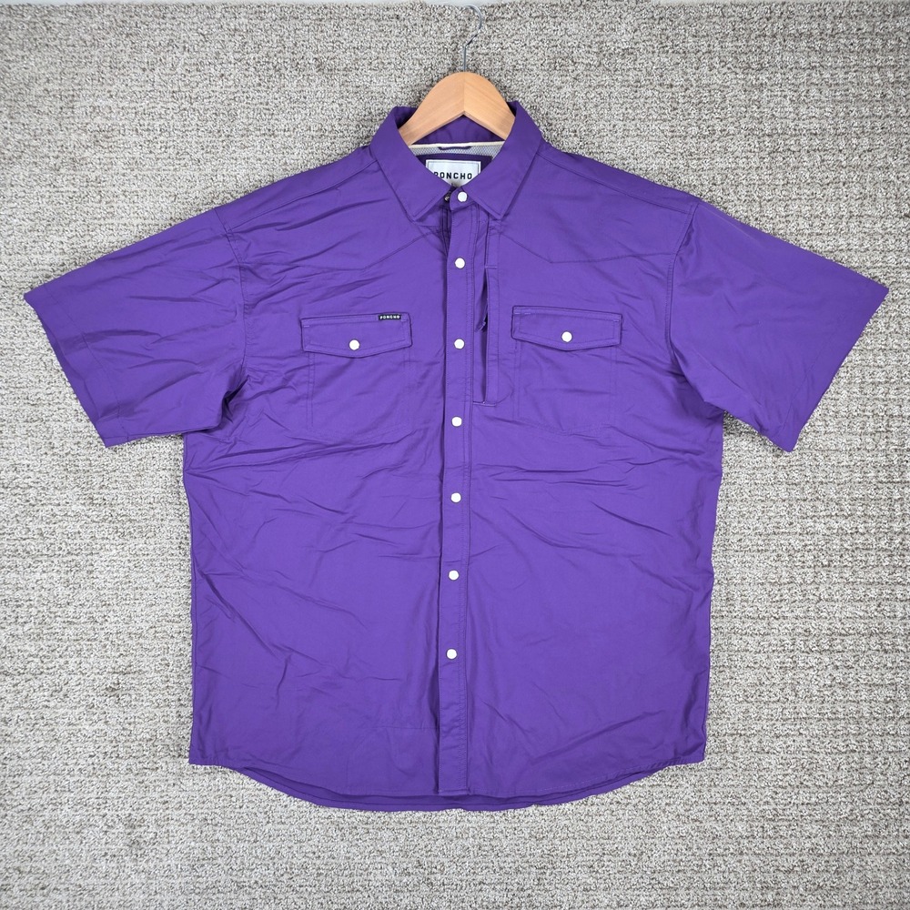 Poncho Mens Large Billy Bob Purple Short Sleeve Pearl Snap Western Fishing Shirt